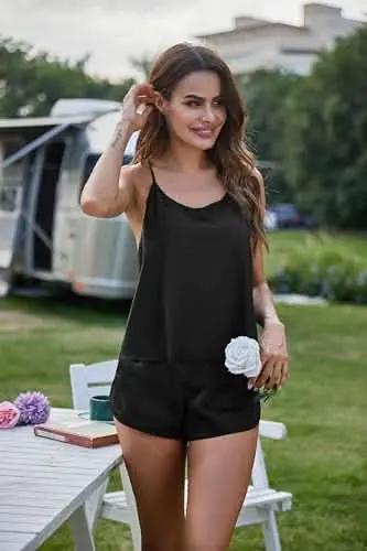 Silk Pajamas Set for Women Satin Backless Lingerie Pjs Cami Top and Shorts Nightwear - Love Salve